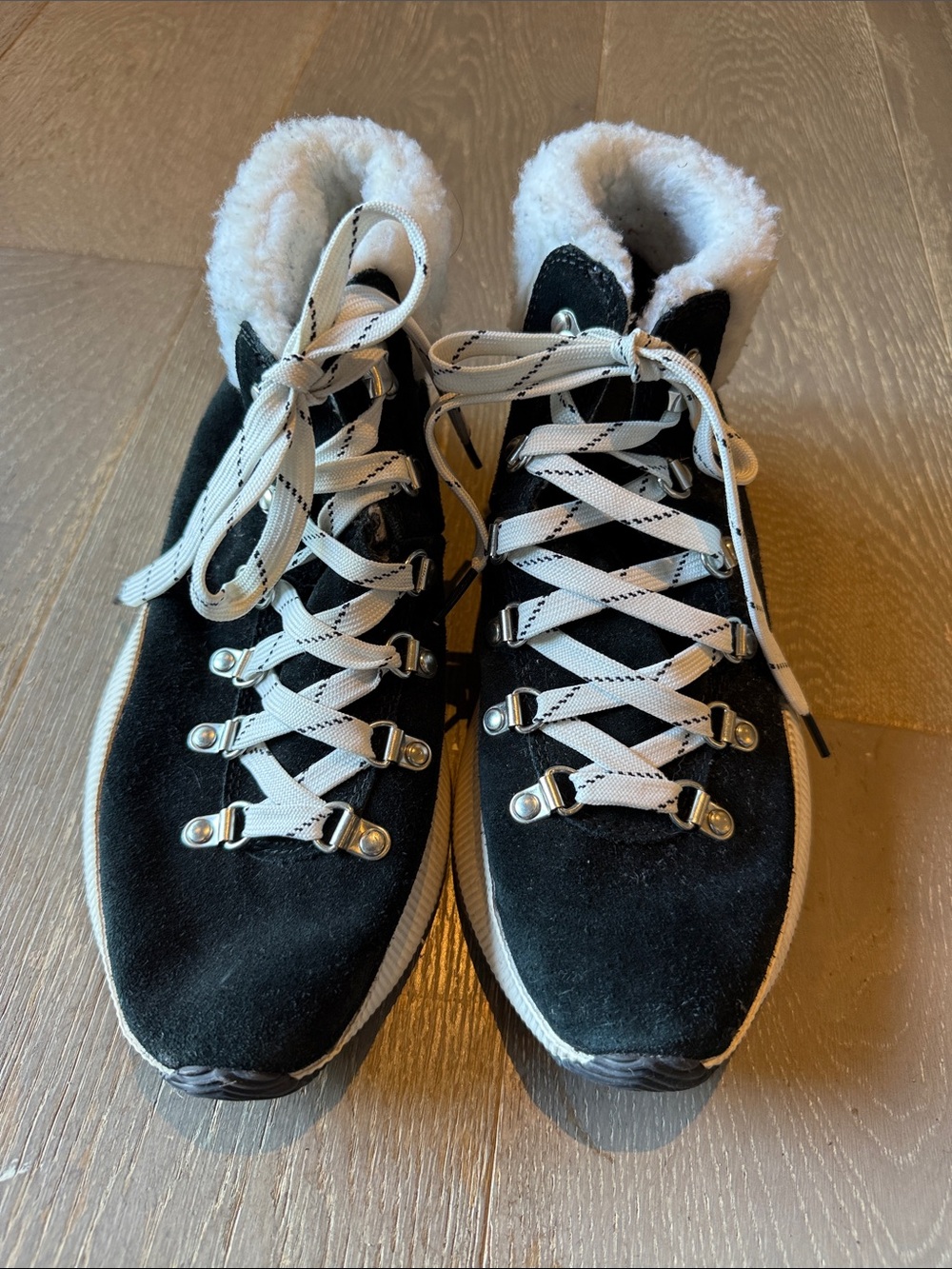 Sorel Black and White Faux-Shearling Lace-Up Winter Boots